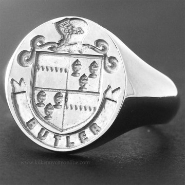 Family Coat of Arms Ring -  Arms, Mantle & Name Ribbon Ring (Large)